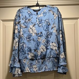 White House Black Market XS blue white black floral blouse elastic waist